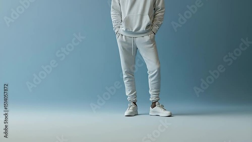 Person in Hoodie and Tracksuit Standing Still on Blue Background