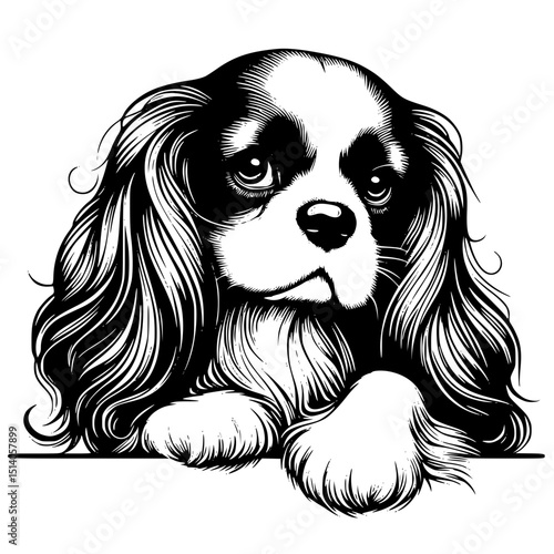 Cavalier King Charles Spaniel Peeking Dog Vector Illustration Isolated on White