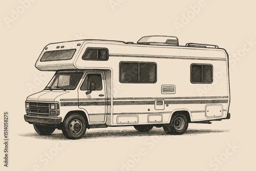 Detailed RV pencil drawing, classic motorhome sketch illustration. Recreational vehicle for adventure, travel, road trips, and camping lifestyle. Hand-drawn vintage camper van graphic.