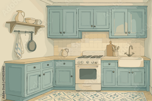 Vintage blue kitchen illustration. Retro home interior with classic cabinets, old-fashioned stove, farmhouse sink, wooden countertops, and patterned tile floor. Cozy country style design.