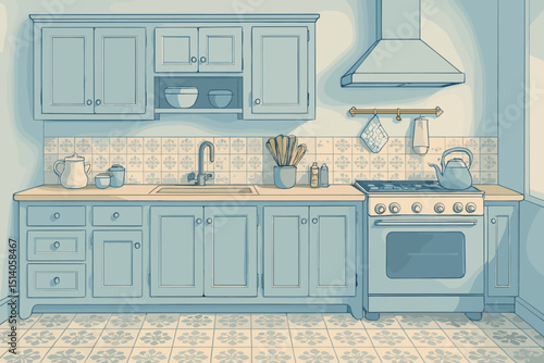 Vintage Blue Kitchen illustration with retro charm. Home interior design showcasing classic cabinets, stove, sink, kettle, and utensils. Cozy domestic cooking space with patterned tiles.