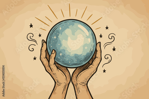 Fortune Teller: Hands Holding Crystal Ball. Magic, Clairvoyance, Divination, Future Prediction, Mystical, Esoteric, Occult, Spiritual, Hand Drawn Illustration.