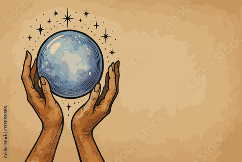 Mystical Hands Holding a Sparkling Crystal Ball. Fortune Teller Concept. Magic Sphere. Astrology. Clairvoyance. Esoteric. Divination. Psychic Powers. Prediction.