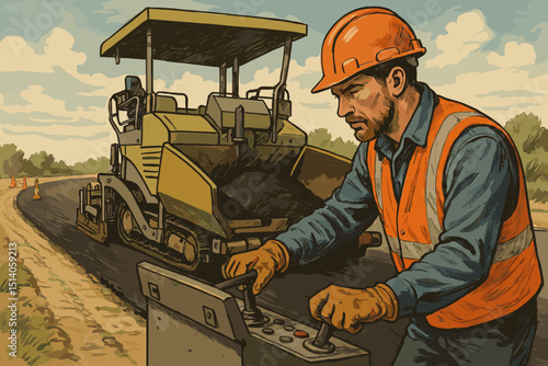 Skillful road construction worker operating heavy asphalt paver machinery. Detailed illustration of new highway development, infrastructure project, tarmac laying, and pavement building. Safety first.
