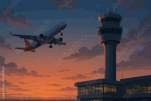Jetliner Taking Off at Twilight: Airport Control Tower Silhouette Against Vivid Sunset Sky. Commercial Aviation and Travel Industry Concept. Airplane Ascending at Dusk