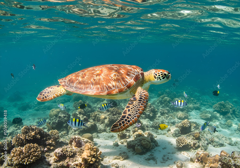 Fototapeta premium a large sea turtle swimming over a colorful coral reef, underwater scene, vibrant colors, crystal clear water, detailed texture, cinematic lighting, highly detailed