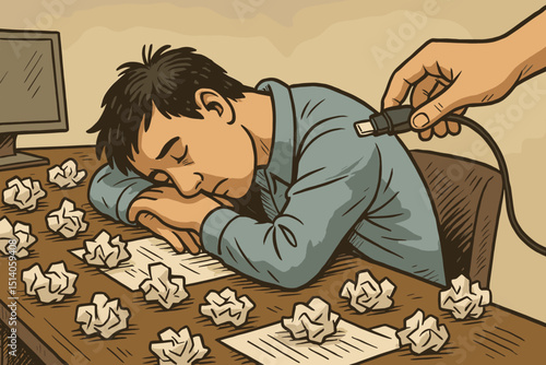 Workplace exhaustion concept. Overworked businessman sleeping at desk, human battery metaphor. Burnout, fatigue, stress, recharge needed. Crumpled paper, productivity pressure illustration.