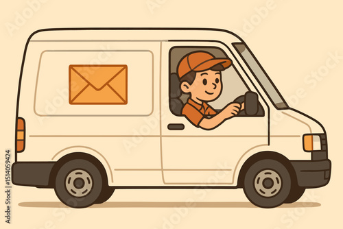 Delivery van driver cartoon. Courier with mail, postal service concept. Man in truck, transport and logistics illustration. Shipping worker, professional delivery journey. Retro style.