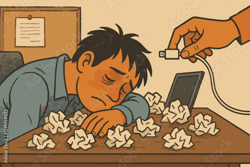 Exhaustion in the workplace concept. Burnout metaphor, tired employee at desk needs recharge. Man drained of energy like a battery, USB cable to head. Overwork, stress, fatigue, mental health vector.