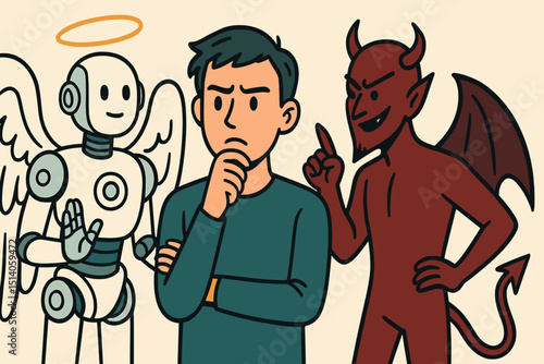 Moral choices illustrated by man between AI robot angel and tempting devil. Ethical dilemma, good vs evil, conscience, decision-making, inner conflict, future technology, moral compass concept.
