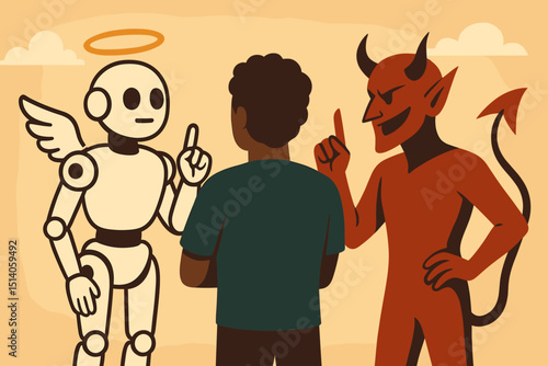 AI ethics and moral choice concept. Man facing dilemma between angelic AI offering guidance and devil representing temptation. Good versus evil, decision-making, conscience, influence illustration.