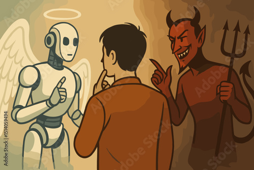 Man's Moral Dilemma: Angelic Robot vs. Fiery Devil, Ethical Choices, Good and Evil, Decision Making, Inner Conflict, Guidance, Temptation, Conscience, Crossroads