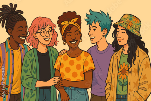 Diverse group of young friends in retro illustration style. Lively chat, community, and togetherness. Happy people, colorful characters, youth culture, inclusion and bonding.