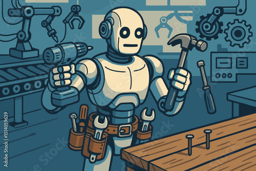 Robotic handyman with tool belt, drill, and hammer in workshop vector illustration. AI worker for construction, repair, future of automation, skilled labor, and technology concept.