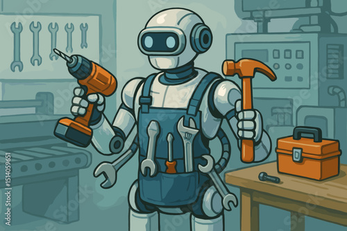 Robotic handyman character in workshop holding drill and hammer. AI powered android with tools for repair, maintenance, construction. Automation technology, future of labor, DIY assistance concept.