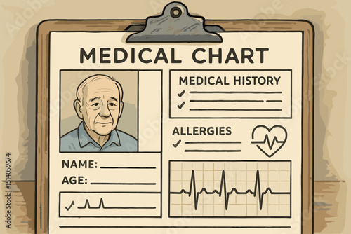 Medical chart illustration of elderly patient. Senior man health record on clipboard showing photo, medical history, allergies, EKG graph. Healthcare, diagnosis, cardiology concept.