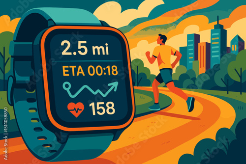 Smartwatch fitness tracker. Man running park. Wearable tech. Heart rate monitor. Distance, ETA display. Healthy lifestyle. Exercise app. Workout data. Outdoor. City run. Flat design vector.