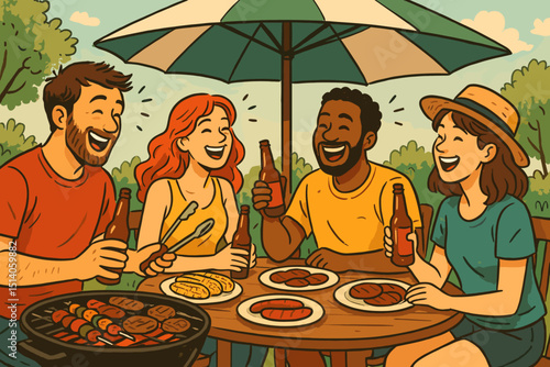 Lively BBQ Gathering: Diverse friends enjoy summer outdoor party, grilling food, drinking beer. Happy people at picnic celebration. Retro vector illustration, fun leisure lifestyle.