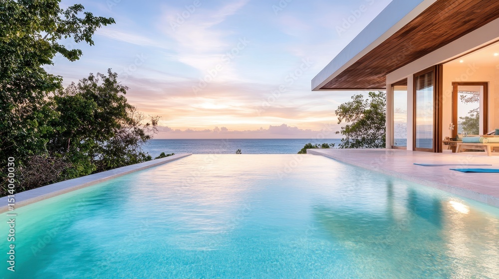 Fototapeta premium An infinity pool seamlessly blends into the ocean view at sunset, creating an enchanting atmosphere that juxtaposes luxury, serenity, and the beauty of nature's palette.