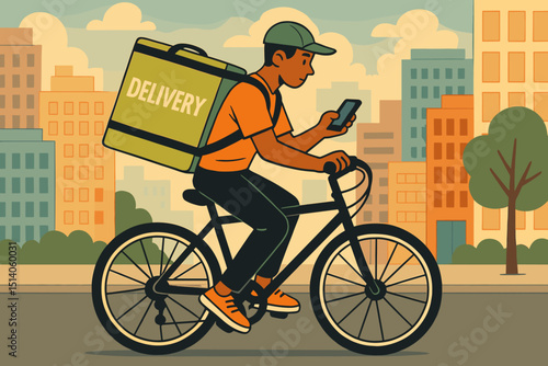 Eco-Friendly City Delivery on Bicycle. Courier Service. Man with Smartphone. Urban Scene. Fast Food Delivery. Bike Messenger. Express Delivery. Modern Lifestyle.