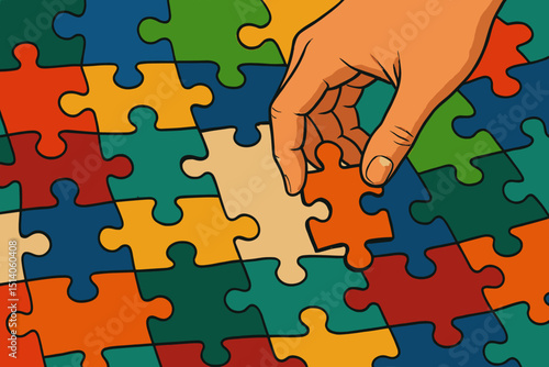 Hand carefully placing the final, vibrant puzzle piece into a colorful jigsaw. Metaphor for business solution, strategic thinking, problem-solving, teamwork, connection, and completion.
