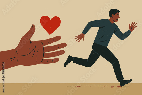 Fear of intimacy concept. Man running from love, avoiding relationship commitment. Emotional unavailability, psychological struggle with connection, anxiety, heartbreak, avoidance behavior.