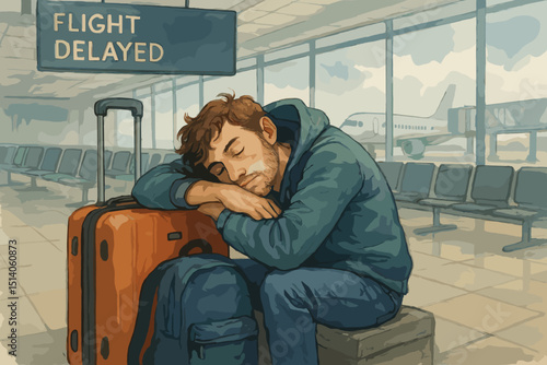 Tired traveler napping on luggage in airport terminal due to flight delay. Exhausted man sleeping, waiting for delayed flight. Journey disruption, travel woes, passenger resting, airport scene.