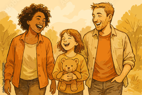 Happy interracial family strolls outdoors. Diverse parents, Black mother, White father, daughter laughing. Multicultural love, togetherness, joy. Child with teddy bear. Watercolor vector.