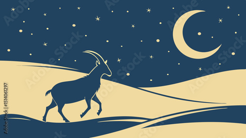 Night Scene Generated AI Art of a Majestic Ibex Under the Crescent Moon