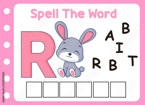 spell the word of cute rabbit  . cute little quail with letter of R