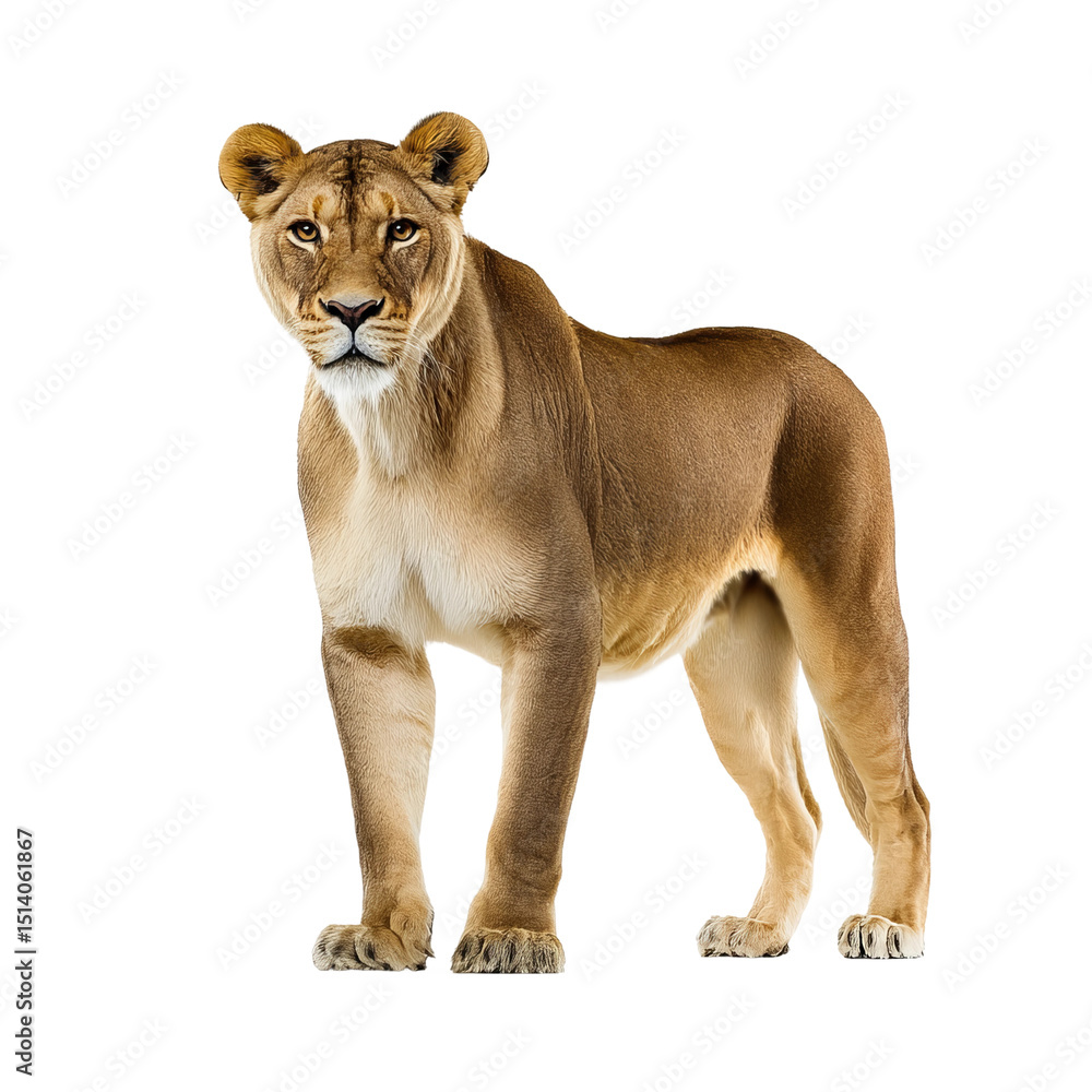 Obraz premium Majestic lioness with a captivating gaze stands in full view, radiating strength and confidence. Its tawny fur and focused eyes draw the viewer into a moment of pure wildness.