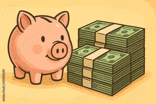 Retro illustration of a happy piggy bank beside stacks of dollar bills. Concept for organized saving strategy, financial literacy, investment planning, achieving financial goals & wealth management.