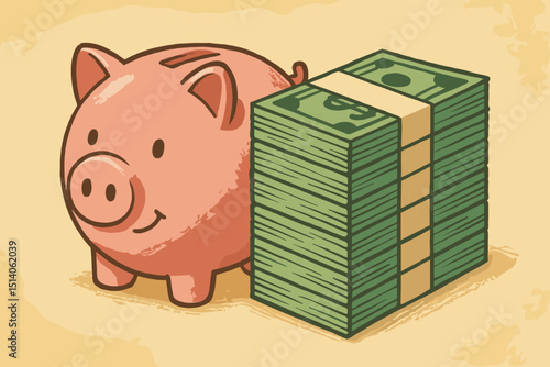 Retro illustration of a pink piggy bank and money stack. Organized saving strategy for financial growth, wealth accumulation. Personal finance, investment, budget planning vector art.