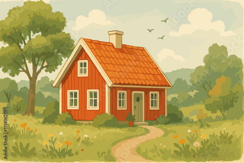 Watercolor Scandinavian House in Summer Meadow. Red Cottage with Orange Roof and Green Meadow. Serene Nordic Landscape. Birds Flying in the Sky. Peaceful Summer Scenery, Swedish house