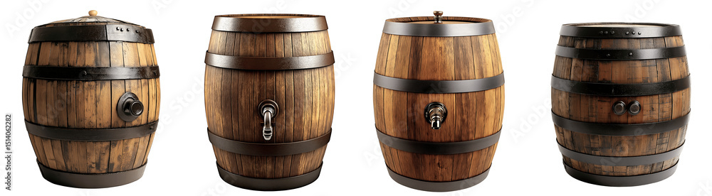 Fototapeta premium Set of various classic wooden bourbon barrel isolated on transparent background
