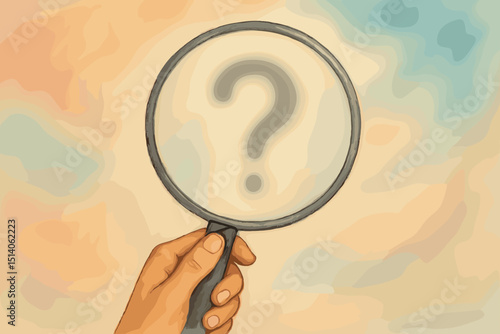 Pensive Question Mark under Magnifying Glass held by a Hand. Seeking Answers, Clarity, Curiosity, Mystery, Self-Discovery, Reflections, Uncertainty, Exploration, and Introspection