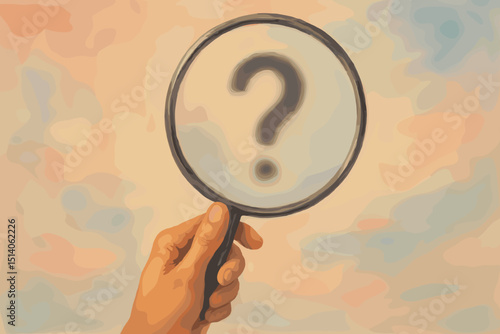 Contemplative Self-Inquiry with Magnifying Glass on Colorful Sky Backdrop. Reflective Questioning, Introspection, Personal Growth, Mystery, Investigation, Discovering Answers