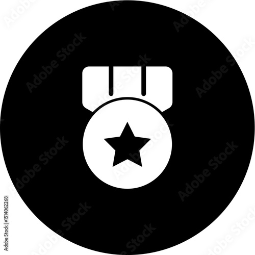 Illustration of a white star medal hanging on a ribbon inside a black circle background design element