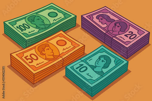 Colorful stacks of stylized cartoon paper money, various denominations. Vector graphic illustrating cash, currency, wealth, savings, financial concepts. For business, economy, investment, banking.