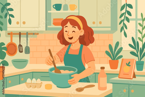 Joyful woman cooking in cozy pastel kitchen, happy girl baking, mixing ingredients in bowl. Homemaking, culinary lifestyle, food preparation. Flat vector illustration for recipe, cooking blog.