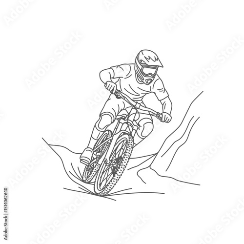 Mountain biker performing a stunt in a rugged landscape  