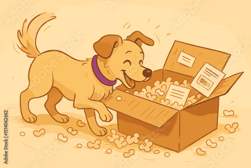 Happy dog playing, cardboard box. Cute puppy unboxing delivery package, packing peanuts. Joyful pet vector illustration for online shopping, moving, pet adoption, e-commerce, whimsical cartoon fun.