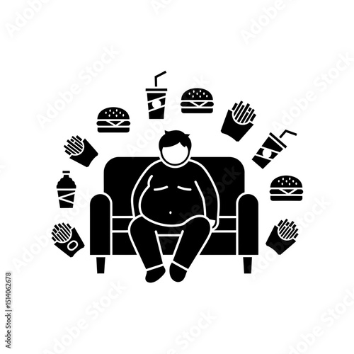 Overweight man sitting on couch surrounded by fast food  