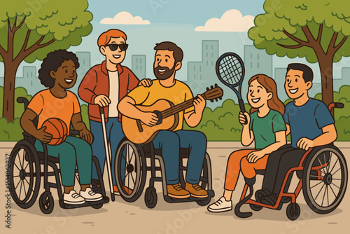 Diverse group with disabilities enjoying inclusive urban park gathering. Friends in wheelchairs, visually impaired man, amputee woman. Adaptive sports, community, accessibility, leisure concept.