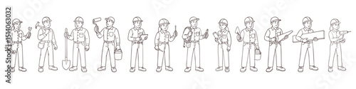 Hand-drawn lineup of construction workers with tools and helmets. Male and female characters in full-body poses for coloring and educational materials. Clean vector outline illustration on white