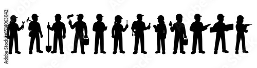 Hand-drawn silhouettes of construction workers in full-body poses with tools. Male and female characters in different poses holding equipment. Bold graphic vector illustration on white background
