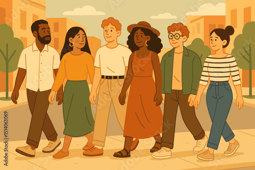Diverse group of young friends walking together in a stylish urban setting. Multicultural community concept. People strolling on city sidewalk with cityscape background. Modern flat illustration.