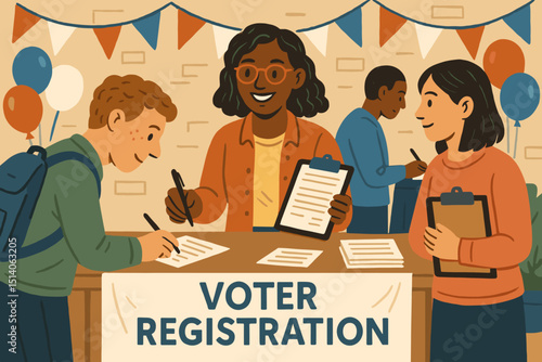 Voter registration event illustration. Diverse people signing up to vote, exercising civic duty. Community engagement for democracy, election participation, citizens filling forms at a table.