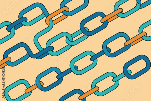 Abstract blockchain links vector. Interconnected chains symbolize network, data security, cryptocurrency, decentralized technology. Modern flat illustration for finance and tech business.