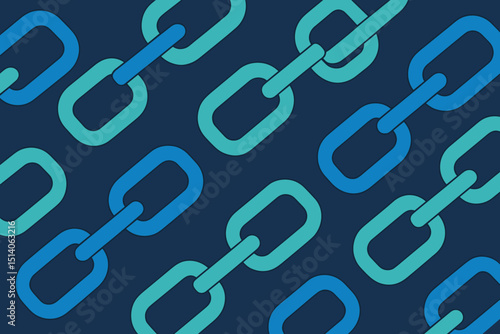 Blockchain concept. Chain links. Abstract pattern. Digital connection. Data security. Cryptocurrency network. Financial technology. Modern background. Interconnected system. Blue teal vector.